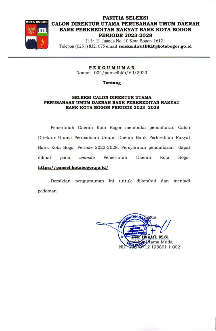 Hari ini Dibuka Pendaftaran Calon Dirut Perumda BPR Bank Kota Bogor