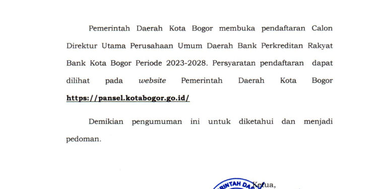 Hari ini Dibuka Pendaftaran Calon Dirut Perumda BPR Bank Kota Bogor